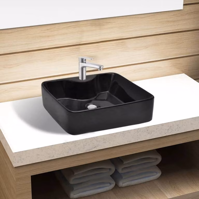 Berkfield Home Elegant Square Ceramic Bathroom Sink Basin with Faucet Hole, Black, W: 37.0 cm, D: 48.0 cm, H: 13.5 cm