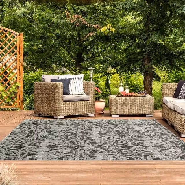 The Rug House Vintage Floral Flatweave Indoor Outdoor Rug in Grey, W: 170 cm, D: 120 cm