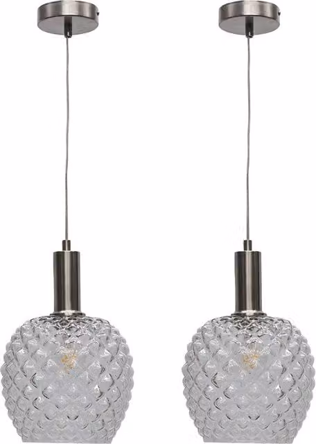 First Choice Lighting Baine Set of 2 Deco Pendants in Silver and Transparent Glass – 1