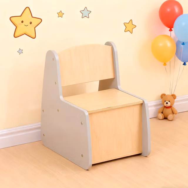 HMD Furniture Toddler Multi-Use Table and Chairs with Hidden Storage, Grey and Natural