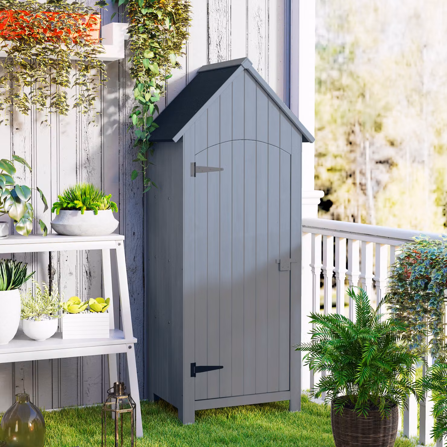 Outsunny Grey Wooden Garden Storage Shed with 3 Shelves and Lockable Single Door, W/D/H: 77.5 x 54.2 x 179.5 cm – 6