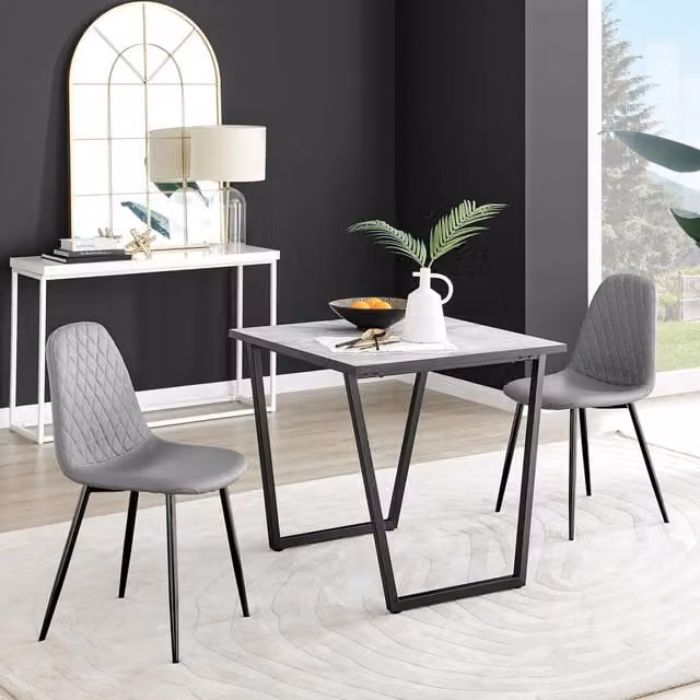 FurnitureboxUK Carson White Marble Effect Square Dining Table and 2 Grey Faux Leather Corona Chairs with Black Legs – 1