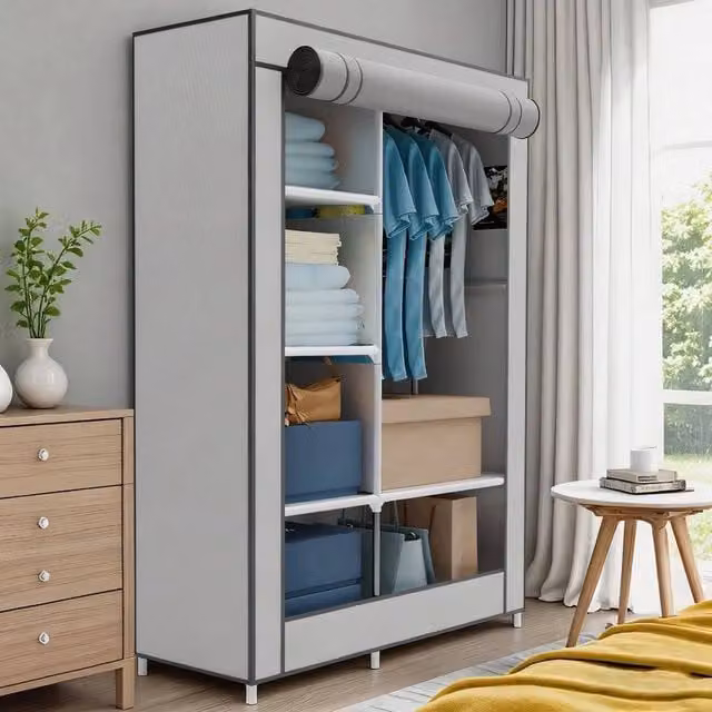 FLAVORA Grey Wardrobe with Hanging Rail and Internal Shelves for Clothes Storage
