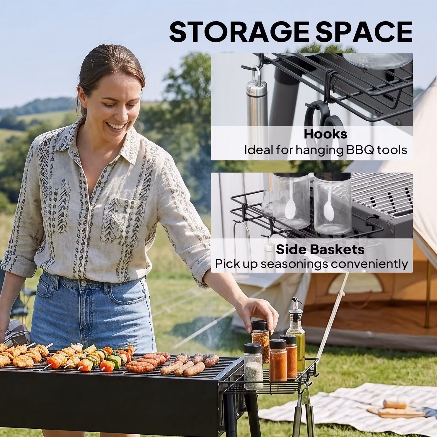 Outsunny Portable Charcoal BBQ Grill with Seasoning Baskets in Black – 6
