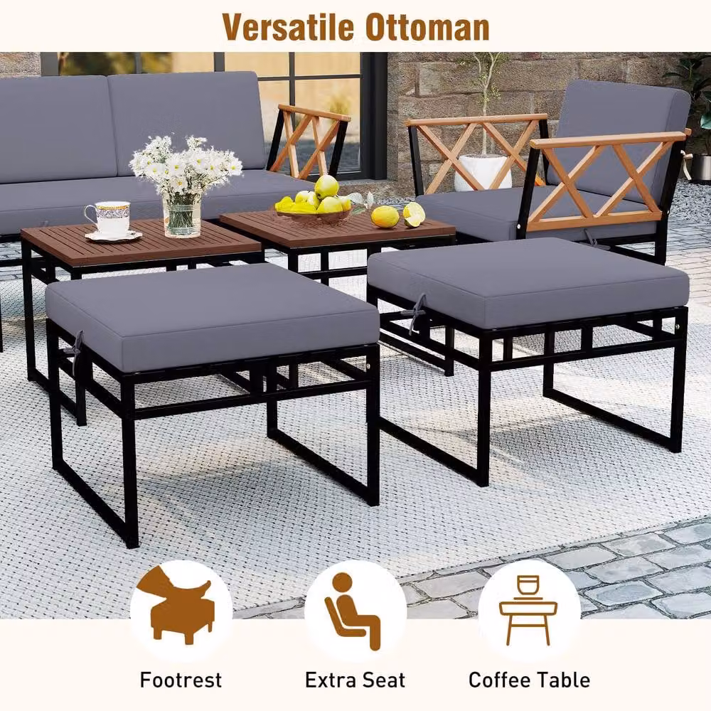 Gymax 7-Piece L-Shape Sectional Garden Sofa Set with Coffee Table and Ottoman in Brown – 6
