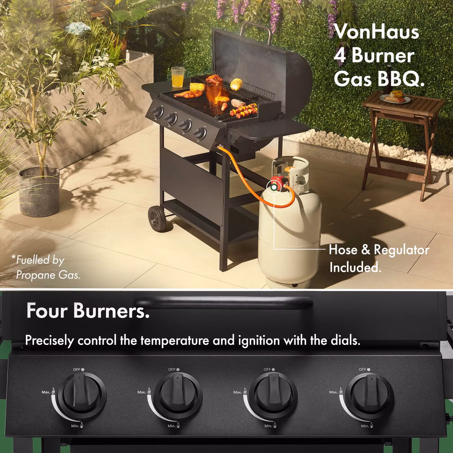 VonHaus 4-Burner Gas BBQ in Black with Thermometer and Warming Rack – 2