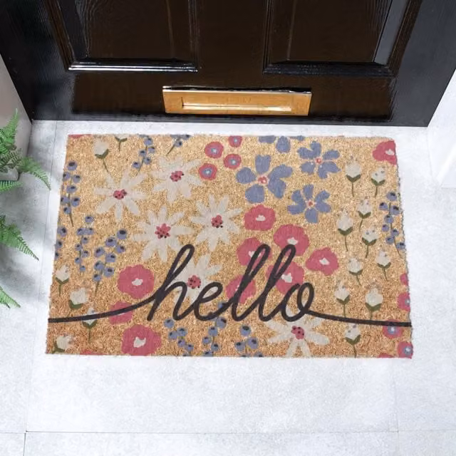 Artsy Mats Hello Scribbly Floral Coir Doormat in Brown and Multicolour, W: 60 cm, D: 40 cm – 1
