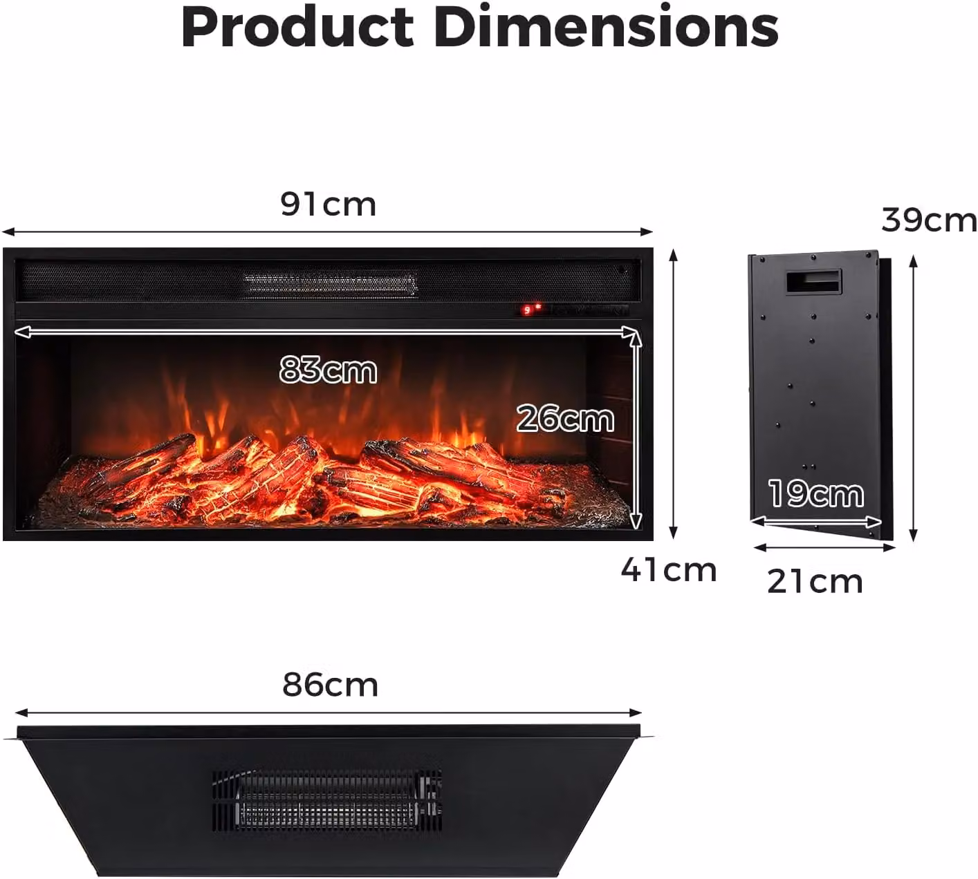 Gymax Black Recessed Electric Fireplace with 1800W Heating and 9-Level Flame Control, Width: 86 cm – 3