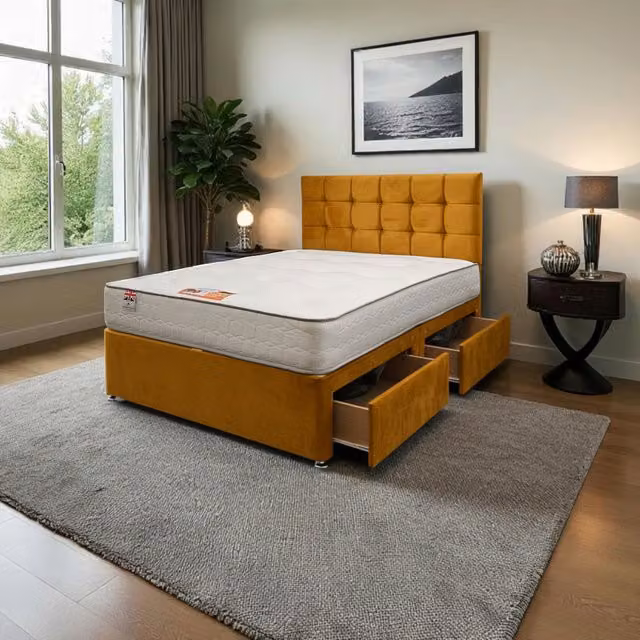 Knight Sleep Modern Upholstered Velvet Bed Set with Mattress and Drawers in Yellow, W/D/H: 180 x 200 cm