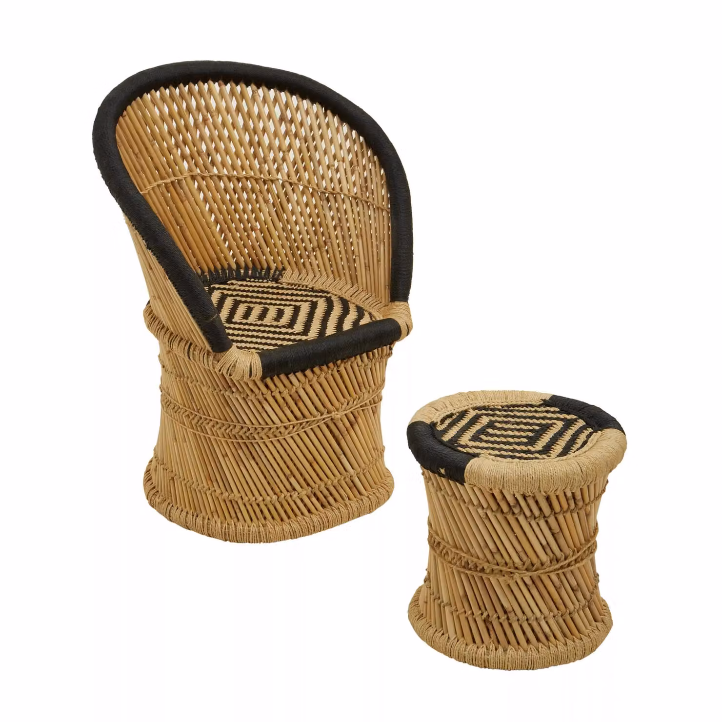Orsina Handwoven Rattan and Bamboo Chair and Stool Set in Natural and Grey and Black – 2