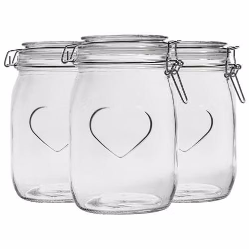 Nicola Spring Heart Shaped Glass Storage Jars with Airtight Clip Lids, 1000ml, Pack of 3, Multicolour Seals