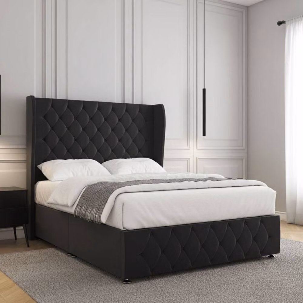REGIONAL FURNISHINGS King Size Plush Velvet Divan Bed with Headboard and Footboard, Black, W/D/H: 180 x 200 cm – 2