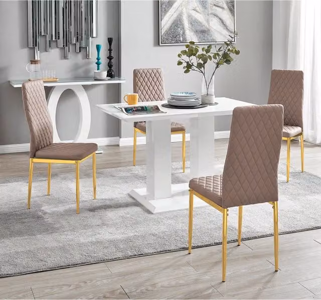 FurnitureboxUK Imperia White Rectangular Dining Table and 4 Milan Gold Leg Chairs in Yellow, W: 120 cm, D: 70 cm, H: 70 cm