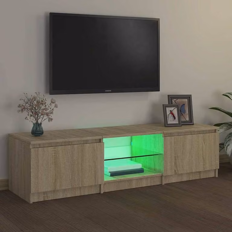 Berkfield Home Modern TV Cabinet with LED Lights in Sonoma Oak and Beige, W: 140 cm, D: 35.5 cm, H: 35.5 cm