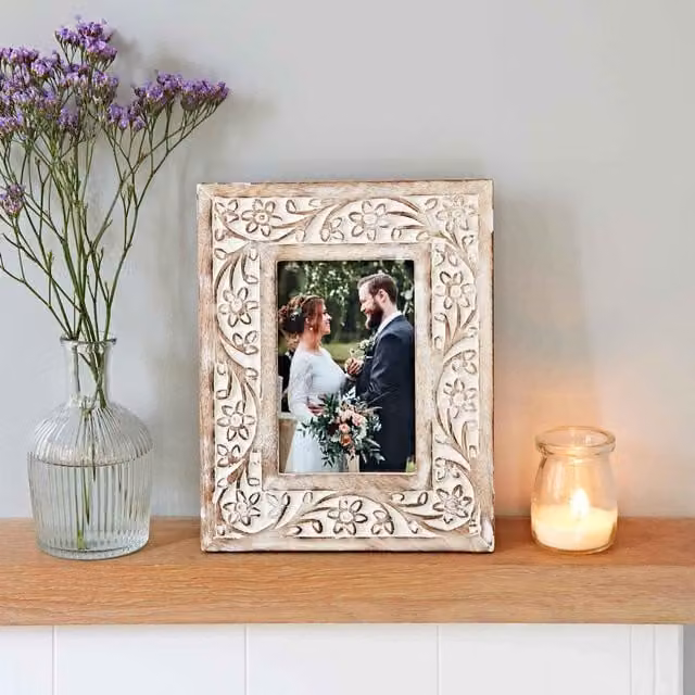 Paper High Iksu Antique White Floral Mango Wood Single Photo Frame, Small