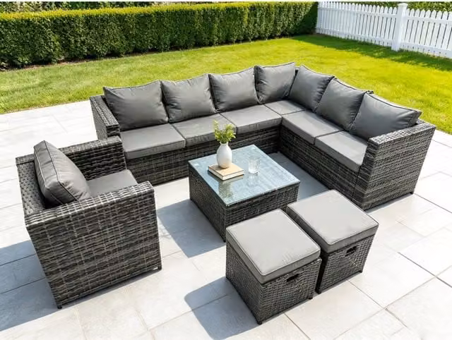 Fimous Rattan Garden Furniture Set in Grey with Right-Facing L-Shape Corner Sofa, Ottoman, Coffee Table and Upholstered Cushions