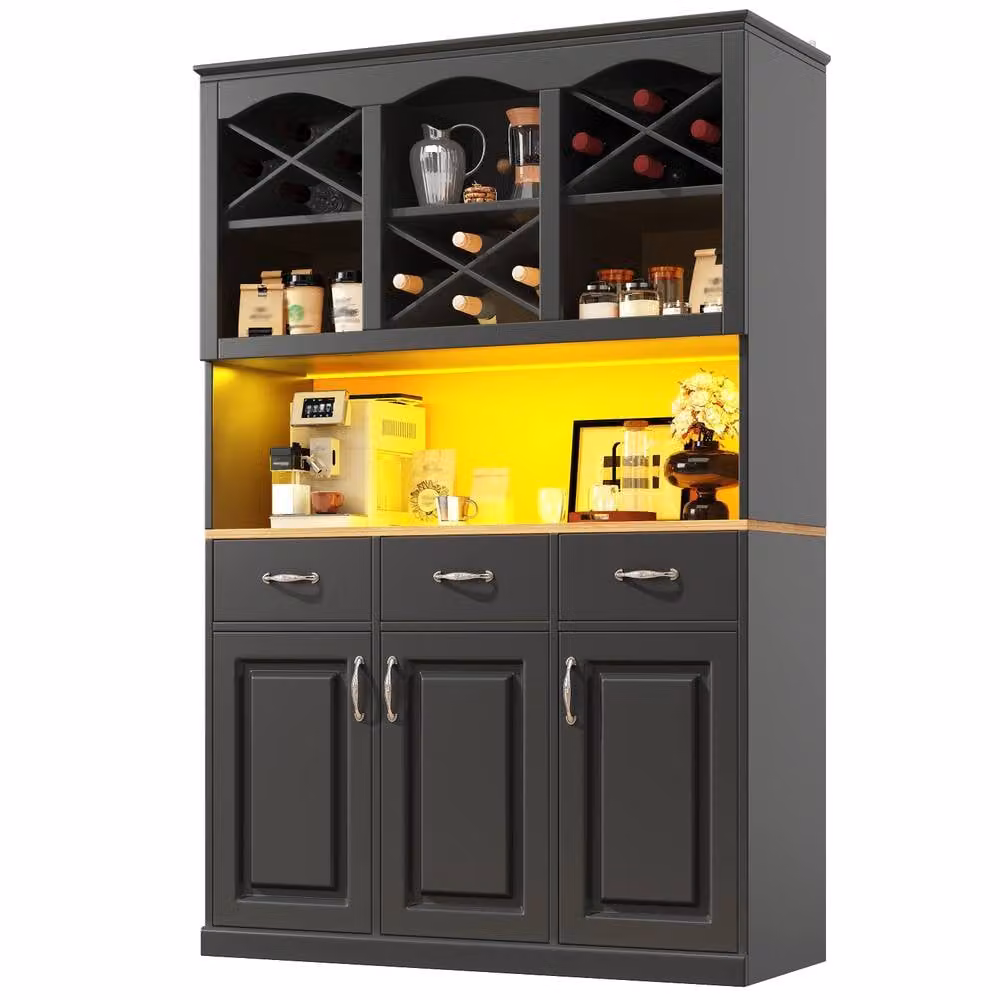 Merax Black Tall Kitchen Buffet Cabinet with Integrated Lighting, Wine Rack and Drawers, W/D/H: 120 x 40 x 180 cm – 3
