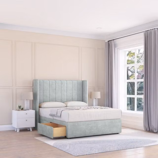 Sloomy Falcon Naples Wingback Bed Set in Silver with 2 Drawers and Floor Standing Headboard, Double W/D/H: 140 x 200 cm