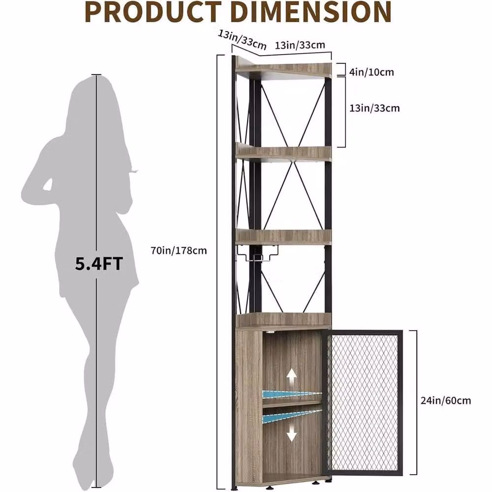 VOGREX Tall Corner Bar Cabinet in Brown with 5-Tier Shelves, Glass Doors and Wine Glass Holder – 2