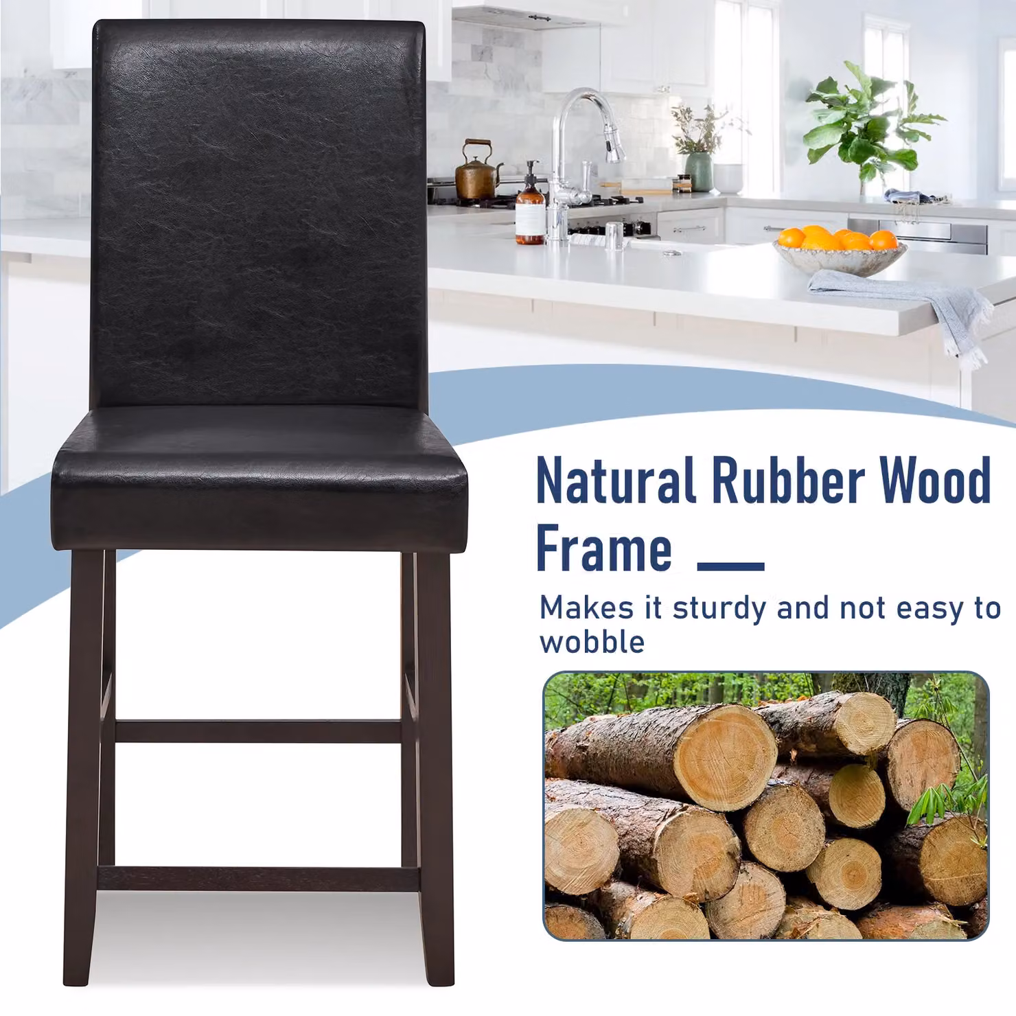 Costway Set of 2 Black PU Upholstered Counter Bar Chairs with Solid Rubberwood Legs and Ergonomic Back – 5