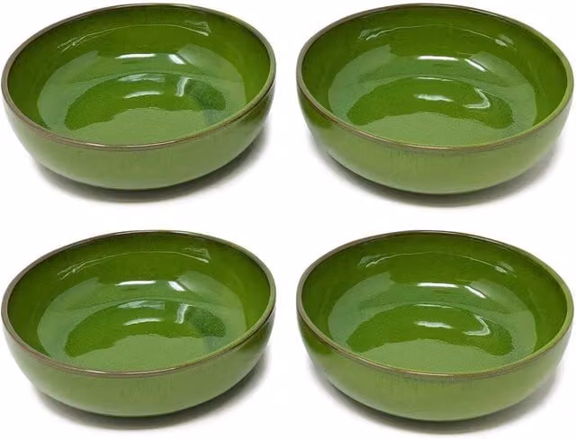 Verano Spanish Ceramics Selena Glazed Hand Dipped Kitchen Dining Set of 4 Shallow Bowls, Diameter: 14 cm, Dark Green