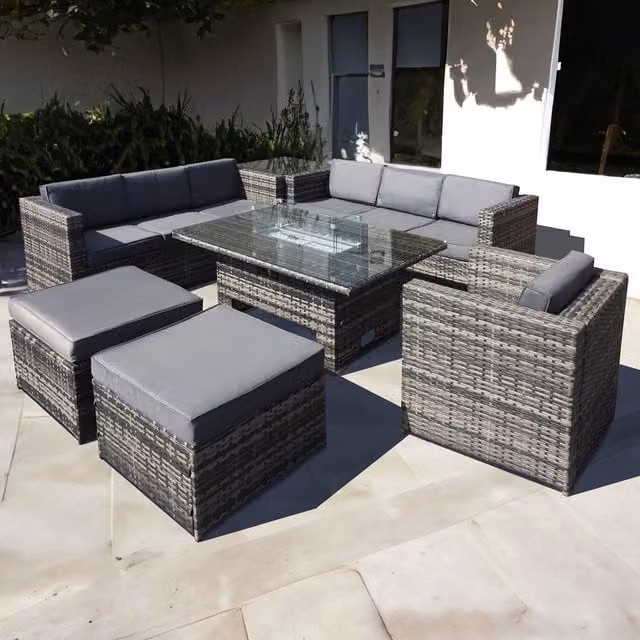 Oseasons Malta 9 Seat Rising Firepit Corner Set in Walnut Grey Rattan