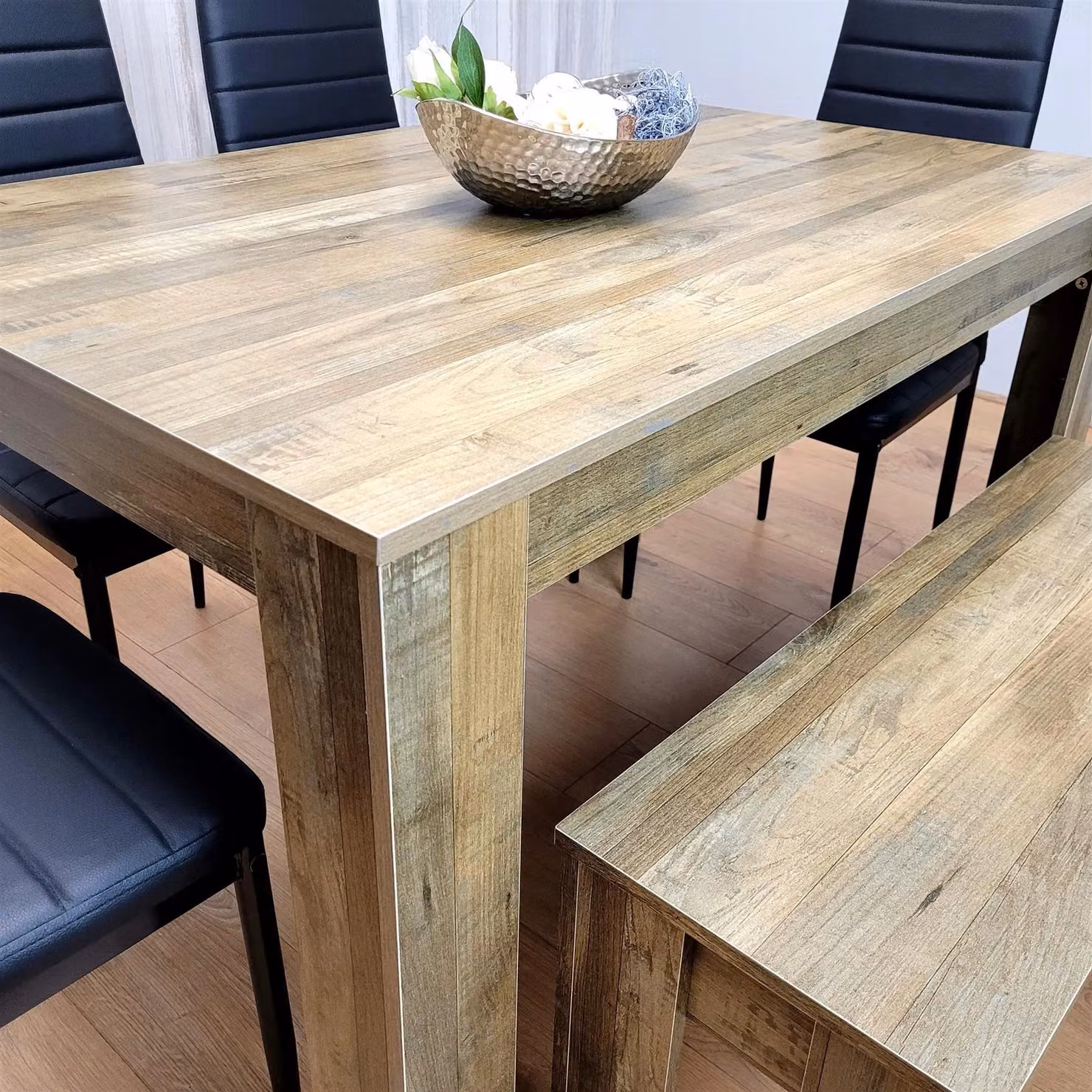 KOSY KOALA Rustic Brown Wooden Dining Table Set with 4 Black Chairs and 1 Bench for 6 Adults – 2