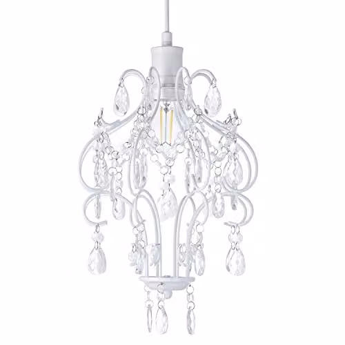 Happy Homewares Shabby Chic Chandelier Style Pendant Ceiling Lamp Shade in White with Transparent Acrylic Beads, W: 31 cm, H: 24 cm – 1
