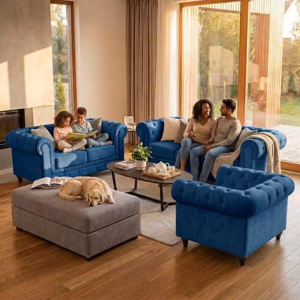Bravich LTD Chesterfield Scroll Arm Velvet Sofa Set in Navy Blue, 2 Pack – 5