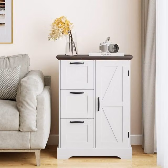 Costway White Farmhouse Accent Floor Cabinet with 3 Storage Drawers and Hinged Doors – 1