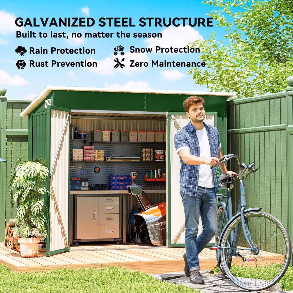 Outsunny Green Galvanised Steel Pent Garden Storage Shed with Double Doors and Side Vents, W/D/H: 234 x 132 x 185 cm – 9