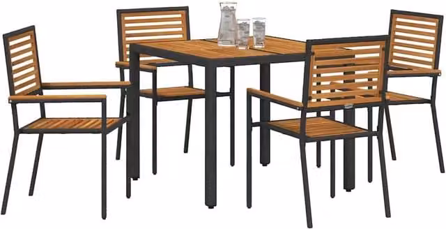 Berkfield Home Modern 5 Piece Black Poly Rattan and Acacia Wood Garden Dining Set