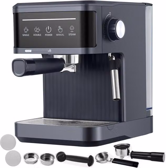 Ventryn Black Espresso Coffee Machine with Removable Tank and Stainless Steel Finish