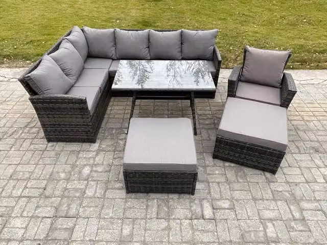 Fimous Dark Grey Rattan Garden Furniture Set with Corner Sofa, Oblong Dining Table and Armchair