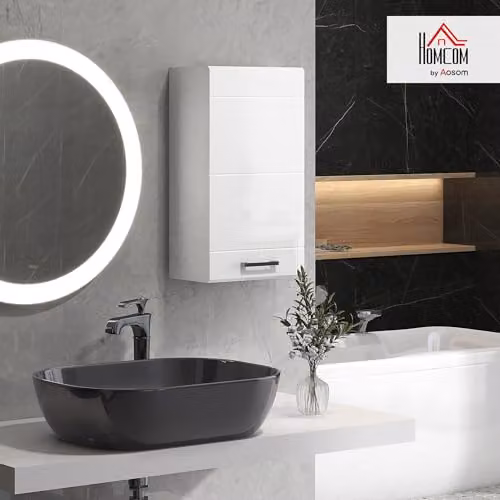 Kleankin Modern White High Gloss Wall Mounted Bathroom Cabinet with Soft-Close Hinged Doors, W/D/H: 37 x 22.5 x 70 cm – 2