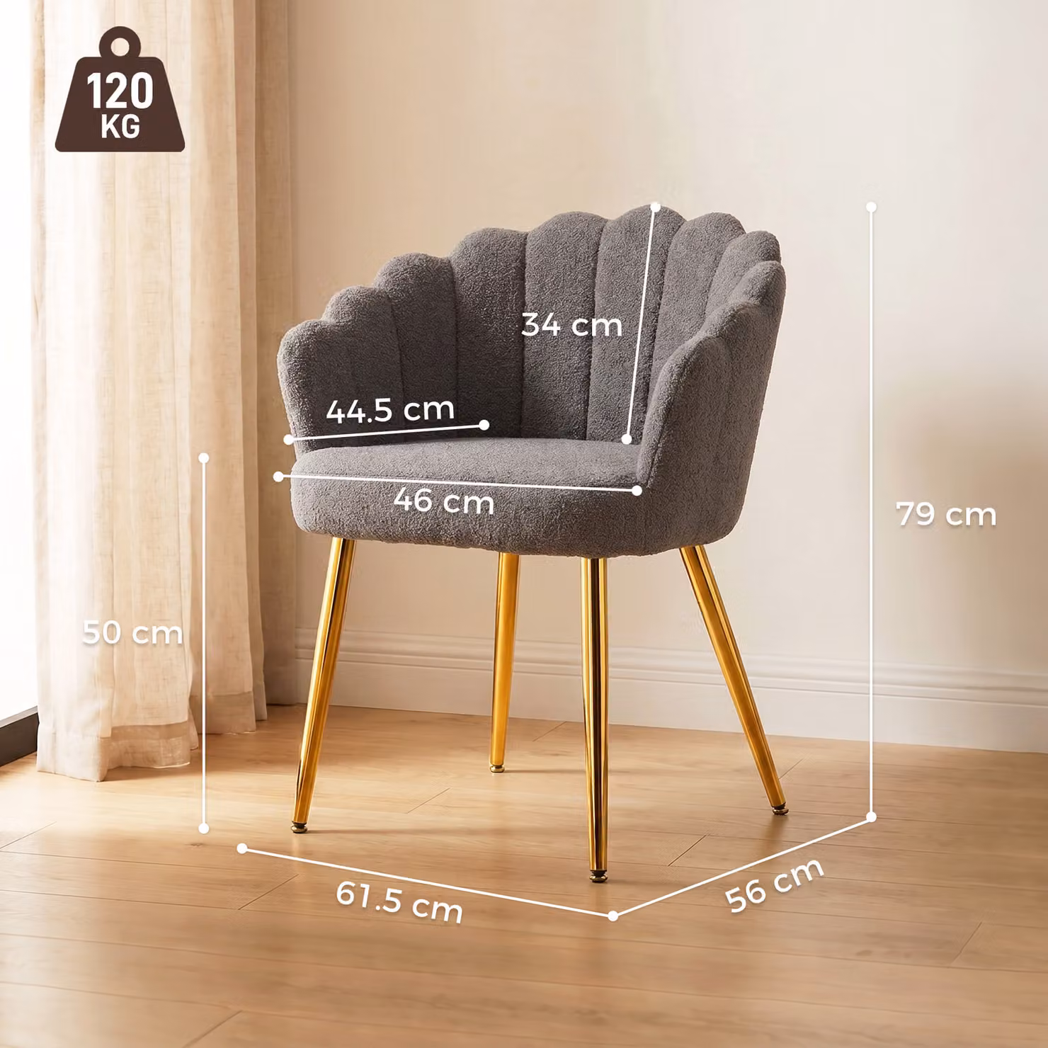 HOMCOM Grey Bouclé Petal-Back Lounge Chair with Metal Legs – 3