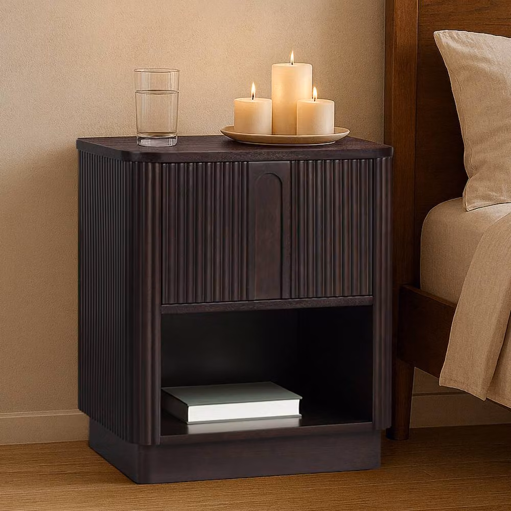 Teamson Home Modern Reeded Bedside Table with Shelf and Push-Open Drawer in Black or Brown – 2