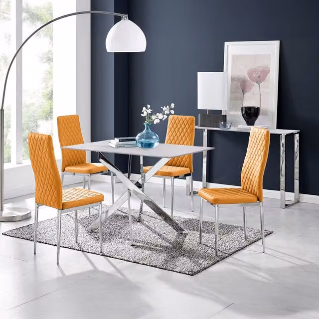 FurnitureboxUK Leonardo White Glass Marble Effect Dining Table with 4 Milan Chairs in Mustard