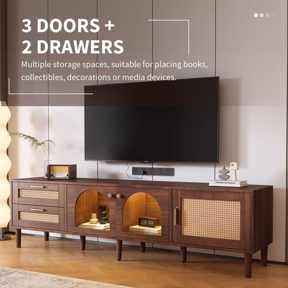 ModernLuxe Modern TV Cabinet with Rattan Drawers, Glass Doors and Integrated LED Lighting in Brown, W/D/H: 120 x 40 x 50 cm – 4