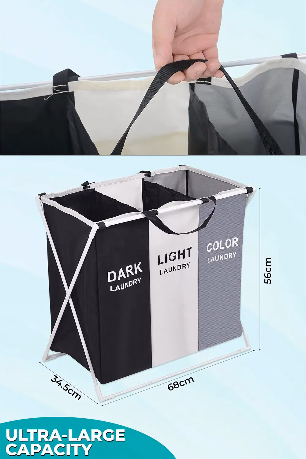 Neel Blue Large 3 Compartment Collapsible Laundry Hamper and Foldable Storage Bag with Handles – 2