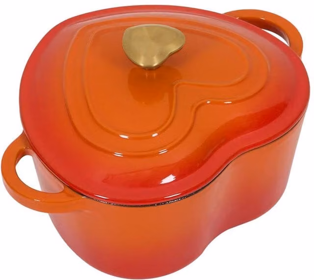 Garden Sanctuary Enamelled Cast Iron Heart-Shaped Casserole Dutch Oven Pot with Glass Lid, Orange
