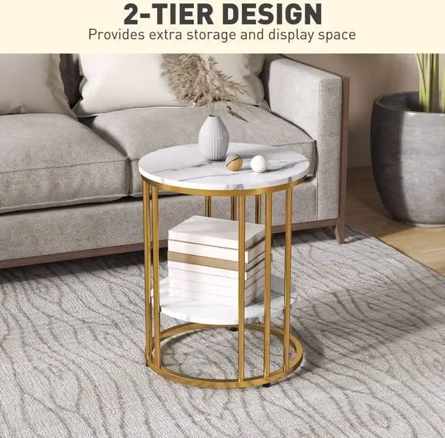 Kelvenix Set of 2 Round Marble-Effect Coffee Tables in Gold and White – 1