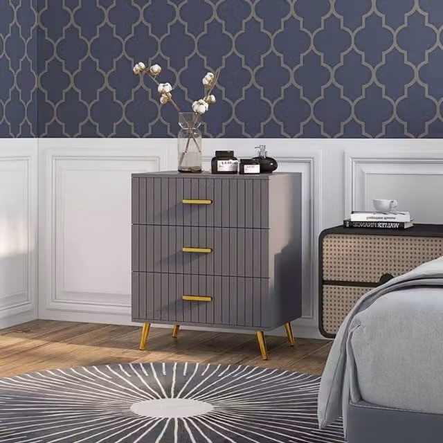 STILVORA 3 Drawer Chest of Drawers with Embossed Front in Dark Grey and Gold – 1