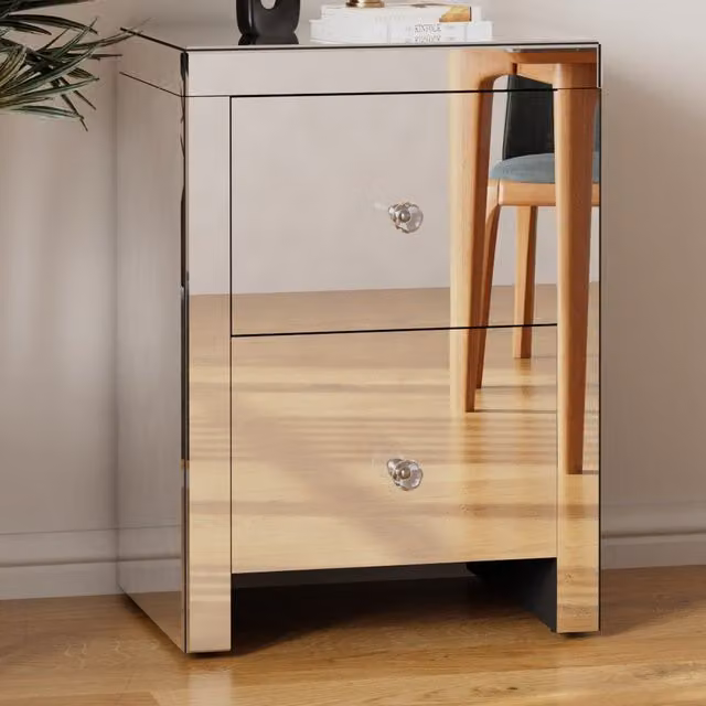 Comfy Living Large 2 Drawer Mirrored Bedside Table with Crystal Handles in Silver