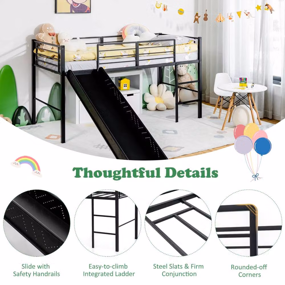 Costway Single Metal Loft Bed for Children with Safety Guardrails and Ladder in Black, W/D/H: 90 x 190 x 150 cm – 2