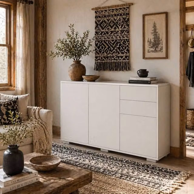 Wyld Haus Talu High Gloss White Sideboard with 2 Drawers and 2 Cupboards, W/D/H: 117 x 36 x 74 cm
