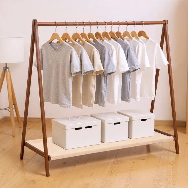 KORVIXA Walnut and Bamboo Folding Clothes Rail Rack, Brown, W/D/H: 100 x 44 x 76 cm – 1