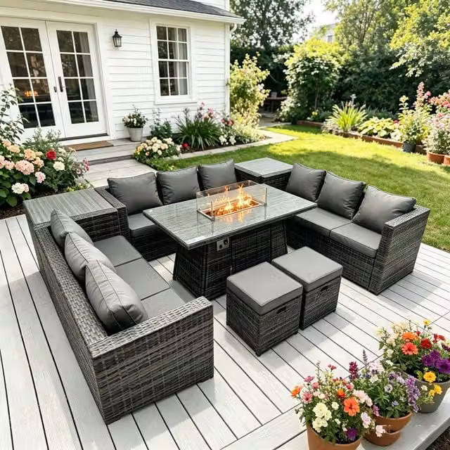 Fimous 11 Seater Rattan Gas Fire Pit Corner Dining Set with Side Tables and Stools in Dark Grey Mixed