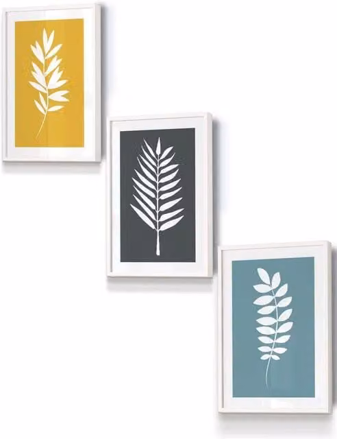 ARTZE Boho Botanical Graphical Leaves Framed Wall Art in White, Yellow, Grey and Blue, W: 33 cm, H: 45 cm, D: 2 cm