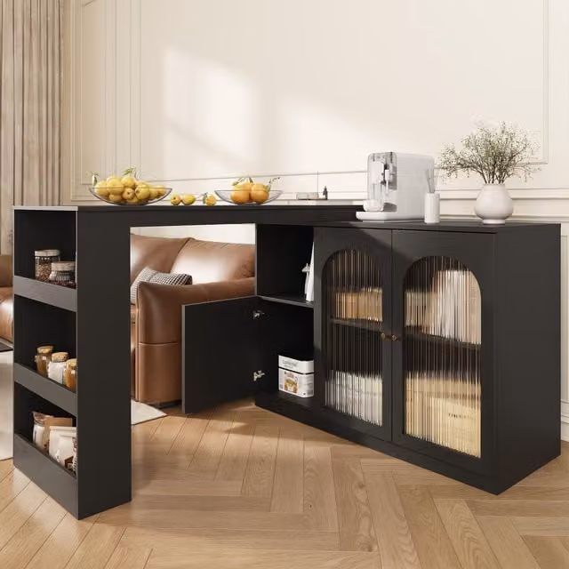 Aosom.UK Black 360 Rotating Kitchen Bar Table with Glass Doors and Versatile Storage, W/D/H: 120 x 120 x 97 cm – 1